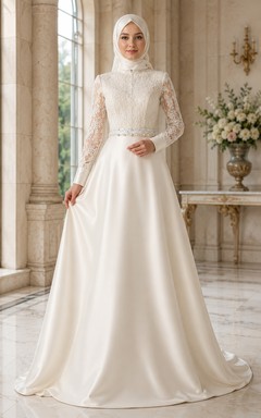 Petite Muslim Long Sleeve Lace Bodice Satin A-Line Wedding Dress