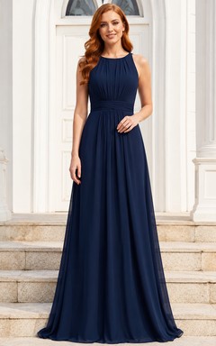 Church Ceremony Formal Dark Navy Simple Elegant A-Line Chiffon Bridesmaid Dress with Halter High Neck Sleeveless Floor-Length Pleated Open Back