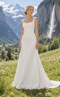 Vestido de novia sencillo de corte A con escote cuadrado, sin mangas y de crepé elástico con cola.