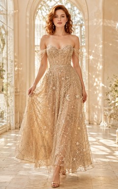 Vestido de fiesta con corsé de tul color champán con escote de hombros descubiertos y corte en A.