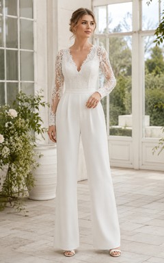 Combinaison de mariage civil à col en V, manches longues en dentelle illusion et jambes larges