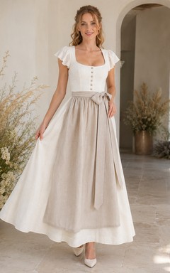 Romantic Linen Bridal Dirndl Square Neck Petal Sleeve Apron Ankle Wedding Dress