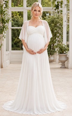 Maternity Modest Cape Sleeve Chiffon Empire Sweetheart Floor-Length Formal Gown