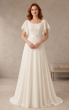 Scoop Neck Flutter Sleeve Modest Chiffon A-Line Wedding Dress