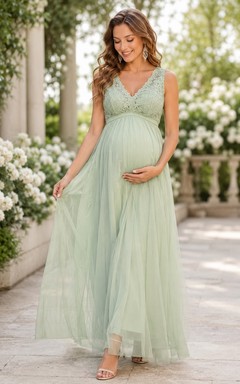 Mint Lace V-Neck Sleeveless Empire Maternity Maxi Dress