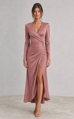 Dusty Rose Satin Wrap Long Sleeve Floor-Length Sheath Dress with Split