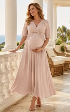 Robe classique de maternité rose poudré à manches courtes et col en V, en mousseline, coupe trapèze, longueur cheville