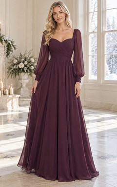 Langärmeliges, pflaumenfarbenes Chiffon-Brautjungfernkleid mit Bischofsärmeln und herzförmigem Ausschnitt in A