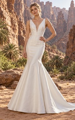 Einfaches, ärmelloses Brautkleid im Meerjungfrauenstil mit V-Ausschnitt, Knopfleiste am Rücken und Schleppe aus Satin