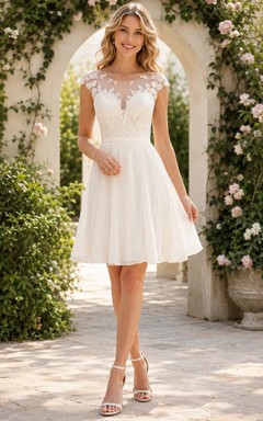 Vestido de novia informal corto de corte A con escote barco y mangas cortas, de encaje, estilo casual de jardín.