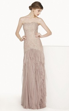 Scalloped Strapless Tulle Long Prom Dress With Lace Top And Tiered Skirt
