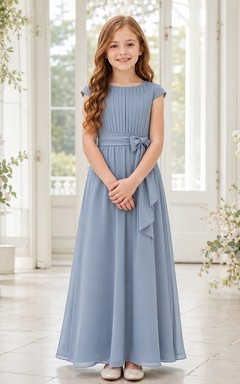 Blumenmädchenkleid, stahlblau, Chiffon, A-Linie, Rundhalsausschnitt, Teelänge
