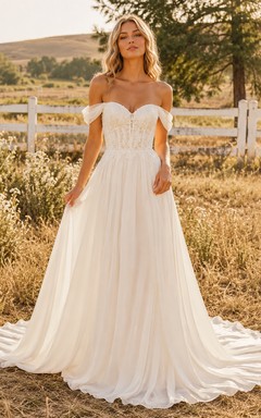 Vestido de novia de tul y encaje campestre, corte en A, escote en V, sin mangas, cola de capilla, espalda baja en V.