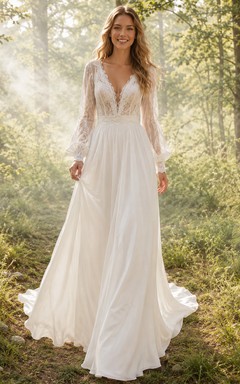 Boho-Brautkleid mit langen Ärmeln aus Spitze und Chiffon im Waldstil