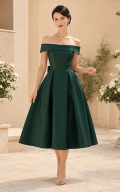 Dark Green Off-the-shoulder Petal Sleeve Satin A-Line Tea-length Romantic Cocktail Dress