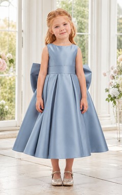 Princess Satin Flower Girl Dress with Puff Sleeves