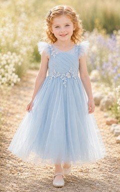 Blumenmädchenkleid, himmelblau, Tüll, A-Linie, Rundhalsausschnitt, Teelänge, Schleifendetail