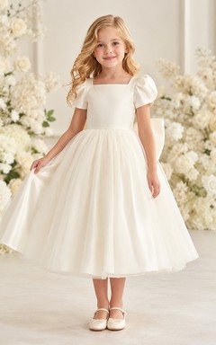 Puff Sleeve Tulle A-Line Flower Girl Tea-Length Garden Bow Dress