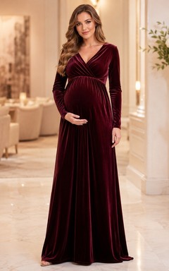 Vestido de noche formal de invierno de terciopelo con escote en V y mangas largas estilo imperio para embarazadas