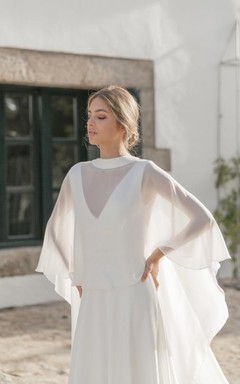 Simple Chiffon Jewel-neck Sheer Sheath Boho Wedding Dress with Cape