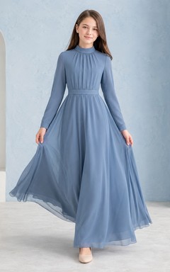 Himmelblaues Brautjungfernkleid für junge Damen, A-Linie, hoher Kragen, lange Ärmel, Chiffon, schlicht