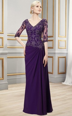 Floor-Length V-Neck Half Sleeve Appliqued Chiffon Formal Dress With Draping