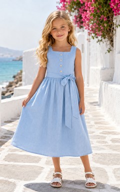 Simple Casual Flower Girl Dress Square Neck Sleeveless Sky Blue Linen Tea Length Button Waist