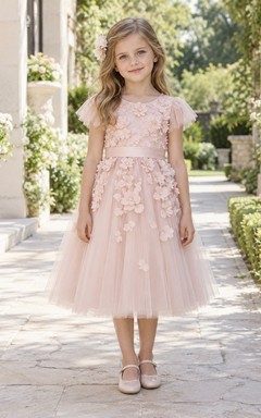 Tea-length Pearl Pink Flutter Sleeve Raised Floral Tulle A-line Flower Girl Dress