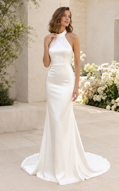 Modern Halter Neck Satin Wedding Sheath Sleeveless Court Train Open Back