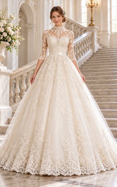 Vintage High Neck Three Quarter Sleeve Lace Full Wedding Dress