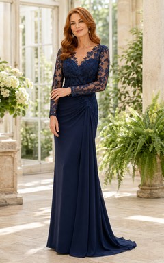 MOB-Kleid Dunkelblaues Chiffon-Spitzenkleid im Meerjungfrauenstil mit langen Ärmeln, V-Ausschnitt und Schleppe, gerafft
