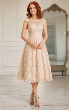 Vintage Salon Champagne A-Line Tea-Length Bateau Short-Sleeve Lace Guest Dress