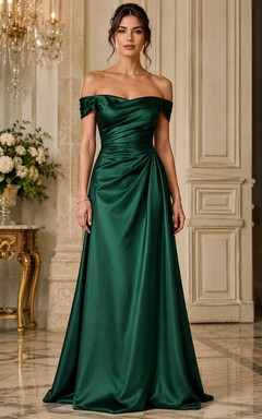 Dunkelgrünes schulterfreies, bodenlanges A-Linien-Kleid aus Satin