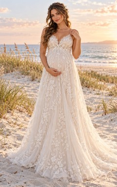 Boho Maternity Spaghetti Strap Sweetheart Floral Tulle Wedding Dress