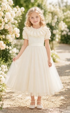 Bow Back Tulle A-Line Flower Girl Dress with Jewel Neck and Tea-Length Skirt