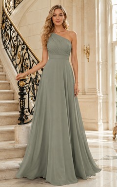 Mansion Formal Sage Simple Elegant A-Line Chiffon Bridesmaid Dress with One-Shoulder Sleeveless Floor-Length Pleated Open Back
