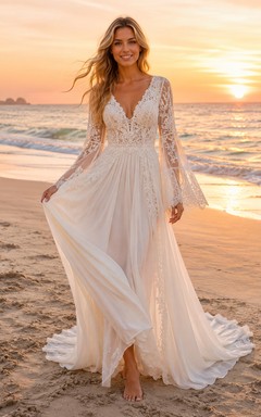 Boho Bell Sleeve Lace Beach Chapel Wedding Dress