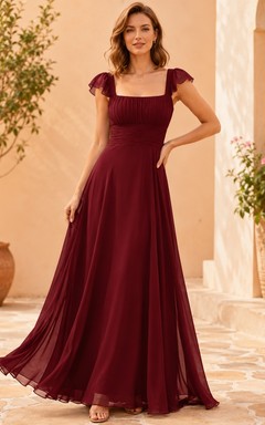 Romantic Burgundy Square Neck Flutter Sleeve Chiffon A-Line Floor-Length Formal Gown