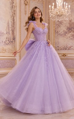 Lavender Parisian Square Strap Beaded Back Bow Tulle Quinceanera Princess Ball Gown