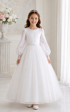 Long Sleeve White Tulle First Communion Dress with Poet Sleeves