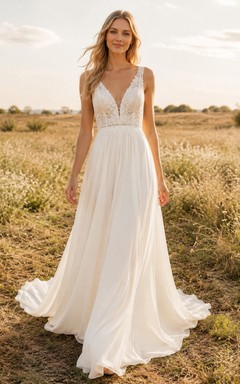 Beach Chiffon Tulle Wedding Dress A-Line V-Neck Sleeveless Floor Length Bridal Gown