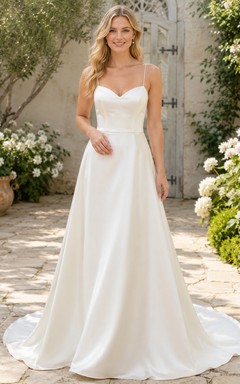 Minimalist Satin Wedding Dress A-Line Spaghetti Strap Sweep Train Bridal Gown