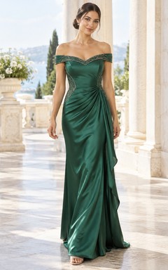 Vintage dunkelgrünes Etuikleid aus Satin mit schulterfreiem Schnitt, drapierten Pailletten und Perlenbesatz, tailliert, langes Brautjungfernkleid