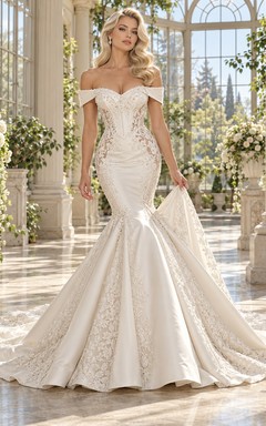 Mermaid Off Shoulder Corset Panel Lace Satin Train Wedding Dress