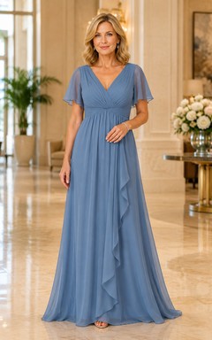 MOB-Kleid aus stahlblauem Chiffon, A-Linie, kurze Ärmel, V-Ausschnitt, bodenlang, mit Rüschenbesatz