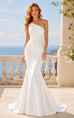 Mermaid One-Shoulder Ruched Satin Court Train Simple Destination Wedding Gown