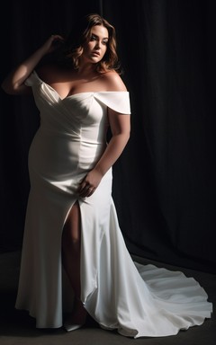 Robe de mariée grande taille en mousseline simple, fendue sur le devant et à épaules dénudées
