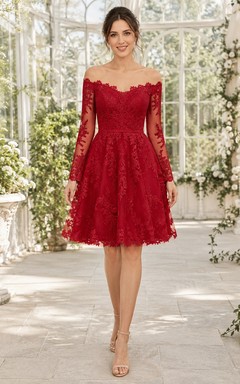Red Cocktail A-Line Lace Off-the-Shoulder Illusion Three-Quarter Sleeve Romantic Mini Dress