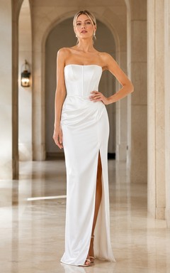 Simple White Sheath Strapless Satin Floor-Length Formal Evening Dress