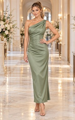Sage One Shoulder Satin Ruched Waist Fitted Wedding Guest Dress